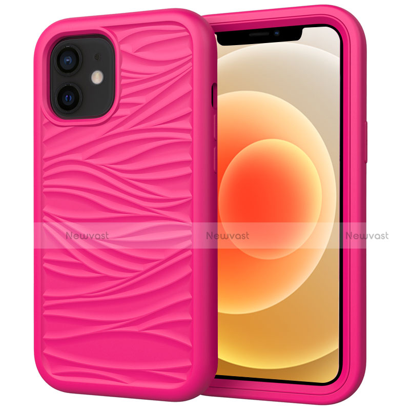 Silicone Matte Finish and Plastic Back Cover Case 360 Degrees R01 for Apple iPhone 12 Hot Pink