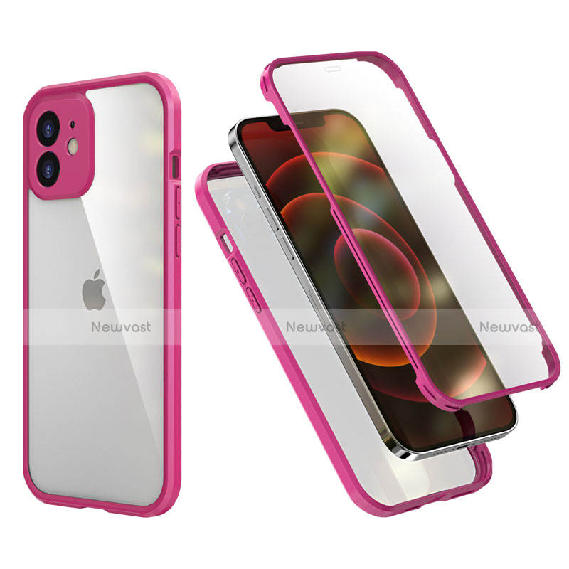 Silicone Matte Finish and Plastic Back Cover Case 360 Degrees R05 for Apple iPhone 12 Hot Pink