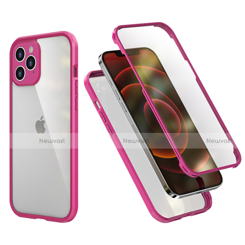 Silicone Matte Finish and Plastic Back Cover Case 360 Degrees R05 for Apple iPhone 12 Pro Max Hot Pink