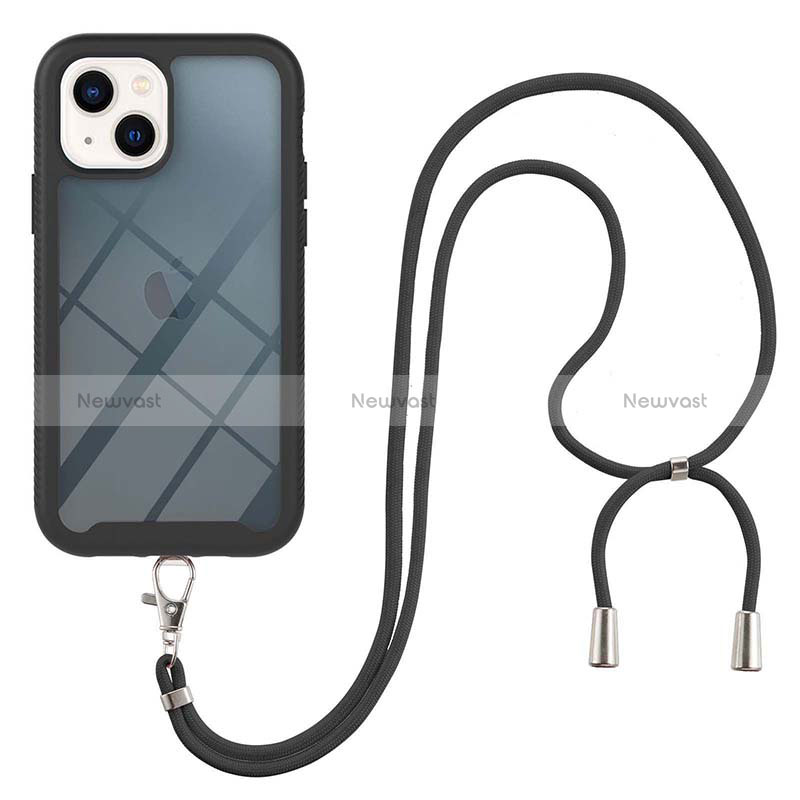 Silicone Matte Finish and Plastic Back Cover Case 360 Degrees with Lanyard Strap for Apple iPhone 13