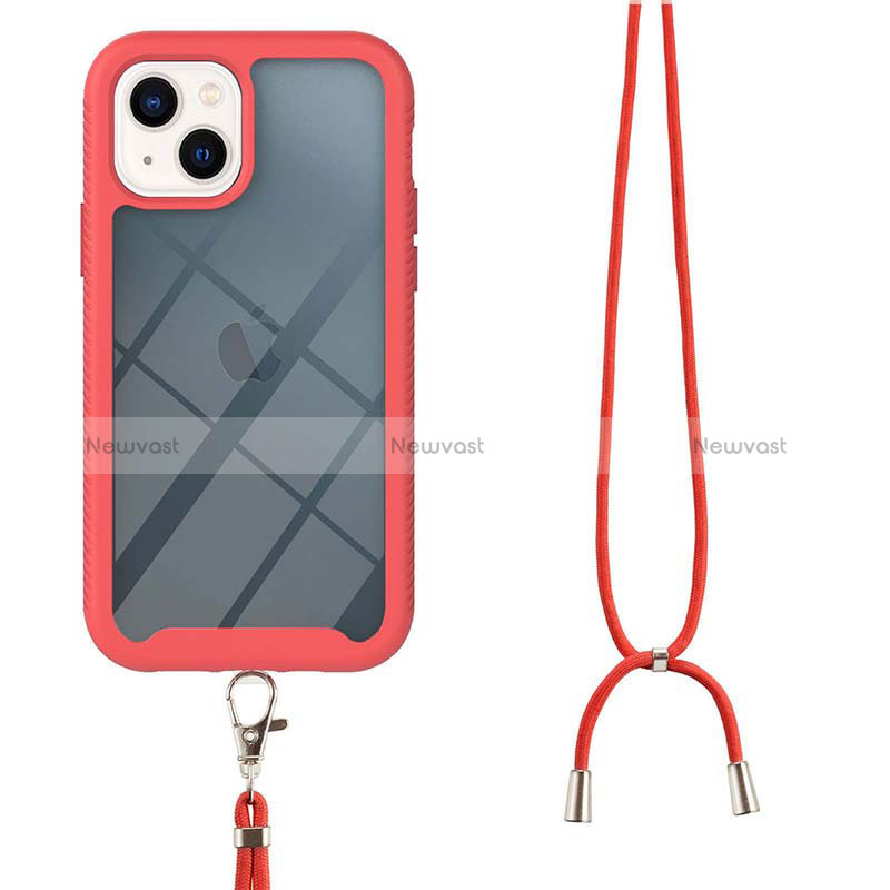 Silicone Matte Finish and Plastic Back Cover Case 360 Degrees with Lanyard Strap for Apple iPhone 13