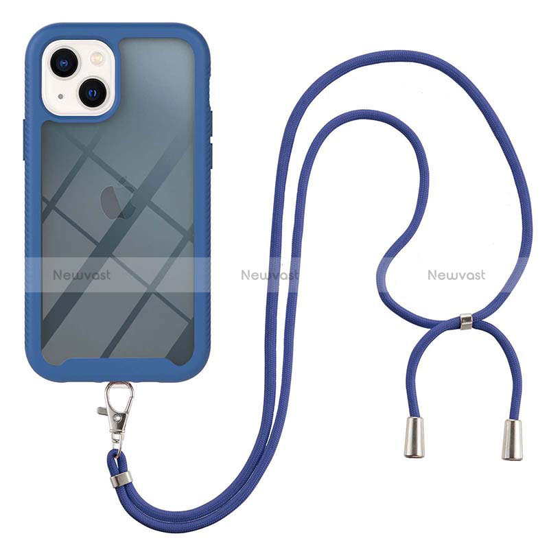 Silicone Matte Finish and Plastic Back Cover Case 360 Degrees with Lanyard Strap for Apple iPhone 15 Blue