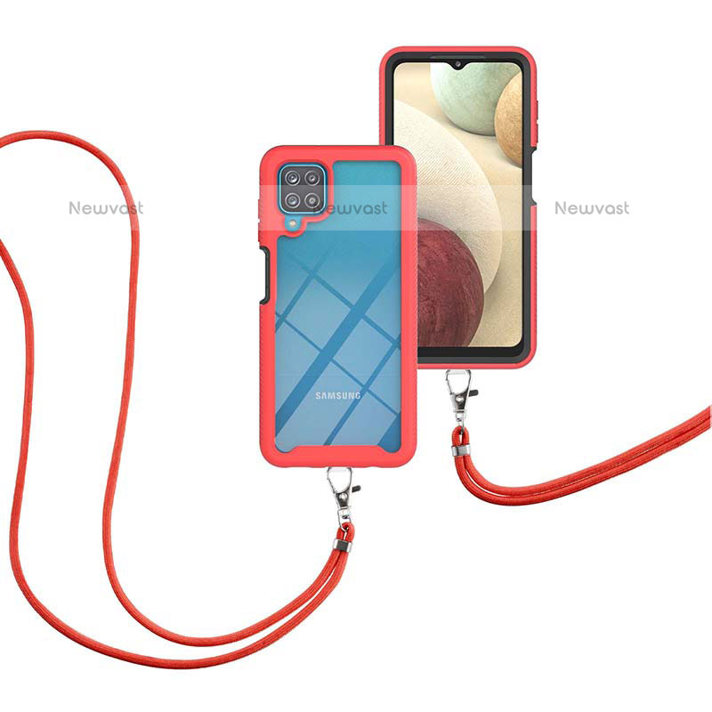 Silicone Matte Finish and Plastic Back Cover Case 360 Degrees with Lanyard Strap for Samsung Galaxy A12 Red