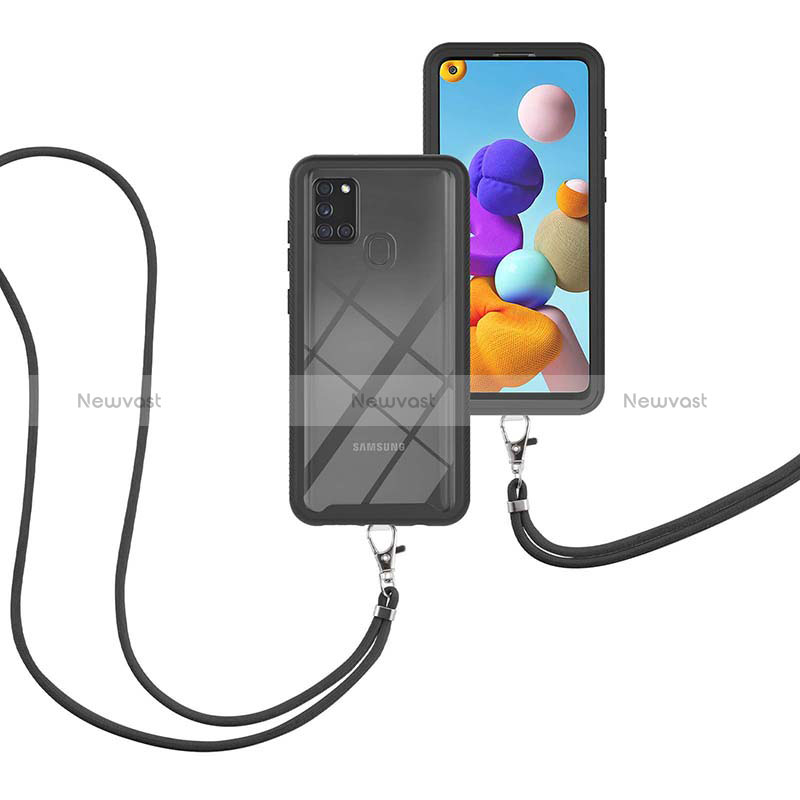 Silicone Matte Finish and Plastic Back Cover Case 360 Degrees with Lanyard Strap for Samsung Galaxy A21s Black
