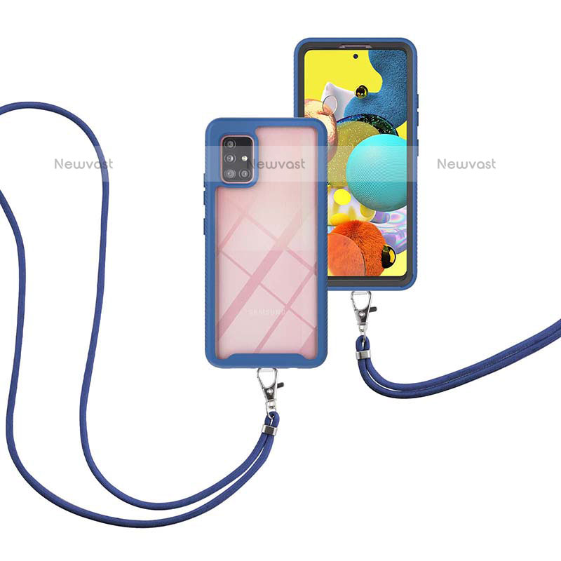 Silicone Matte Finish and Plastic Back Cover Case 360 Degrees with Lanyard Strap for Samsung Galaxy A51 4G Blue