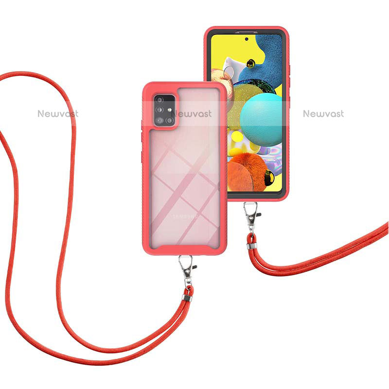 Silicone Matte Finish and Plastic Back Cover Case 360 Degrees with Lanyard Strap for Samsung Galaxy A51 4G Red