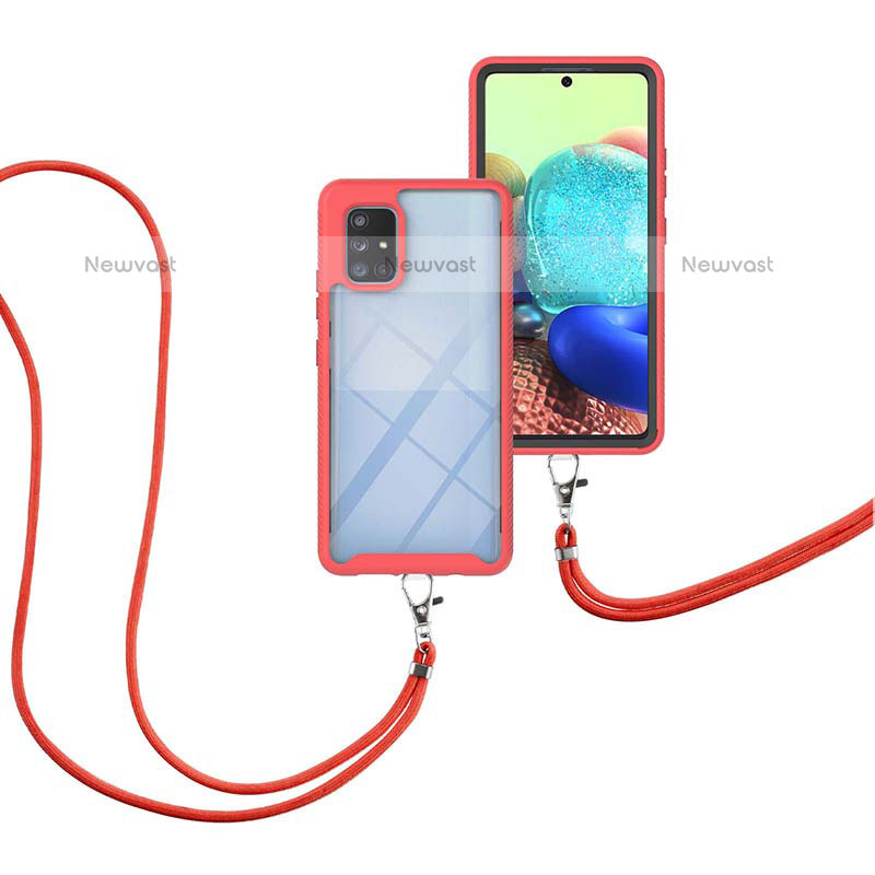 Silicone Matte Finish and Plastic Back Cover Case 360 Degrees with Lanyard Strap for Samsung Galaxy A71 4G A715 Red