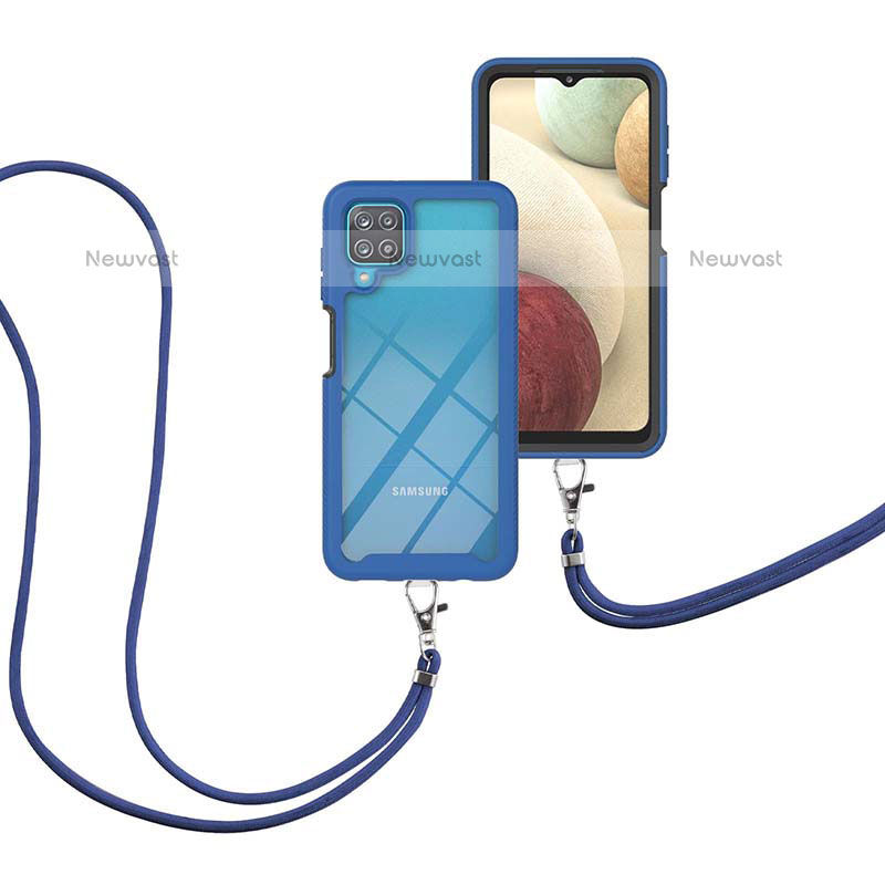 Silicone Matte Finish and Plastic Back Cover Case 360 Degrees with Lanyard Strap for Samsung Galaxy F12 Blue