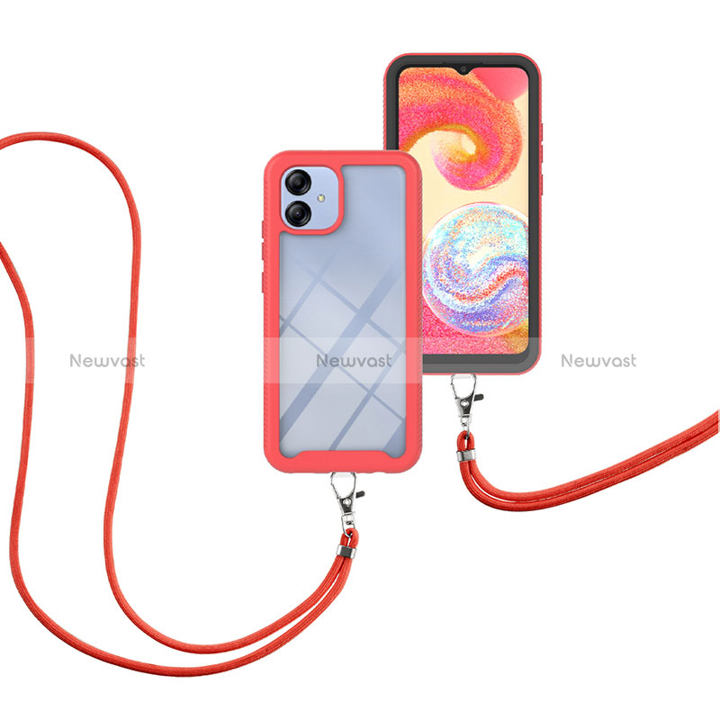 Silicone Matte Finish and Plastic Back Cover Case 360 Degrees with Lanyard Strap for Samsung Galaxy M04 Red