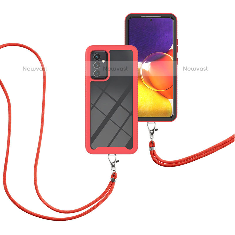 Silicone Matte Finish and Plastic Back Cover Case 360 Degrees with Lanyard Strap for Samsung Galaxy Quantum2 5G Red