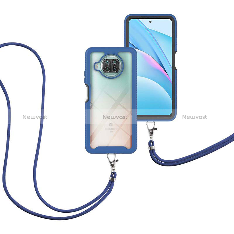 Silicone Matte Finish and Plastic Back Cover Case 360 Degrees with Lanyard Strap for Xiaomi Mi 10i 5G Blue