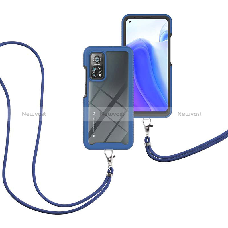 Silicone Matte Finish and Plastic Back Cover Case 360 Degrees with Lanyard Strap for Xiaomi Mi 10T 5G Blue