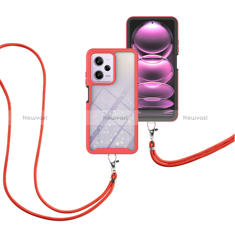 Silicone Matte Finish and Plastic Back Cover Case 360 Degrees with Lanyard Strap for Xiaomi Redmi Note 12 Pro 5G Red