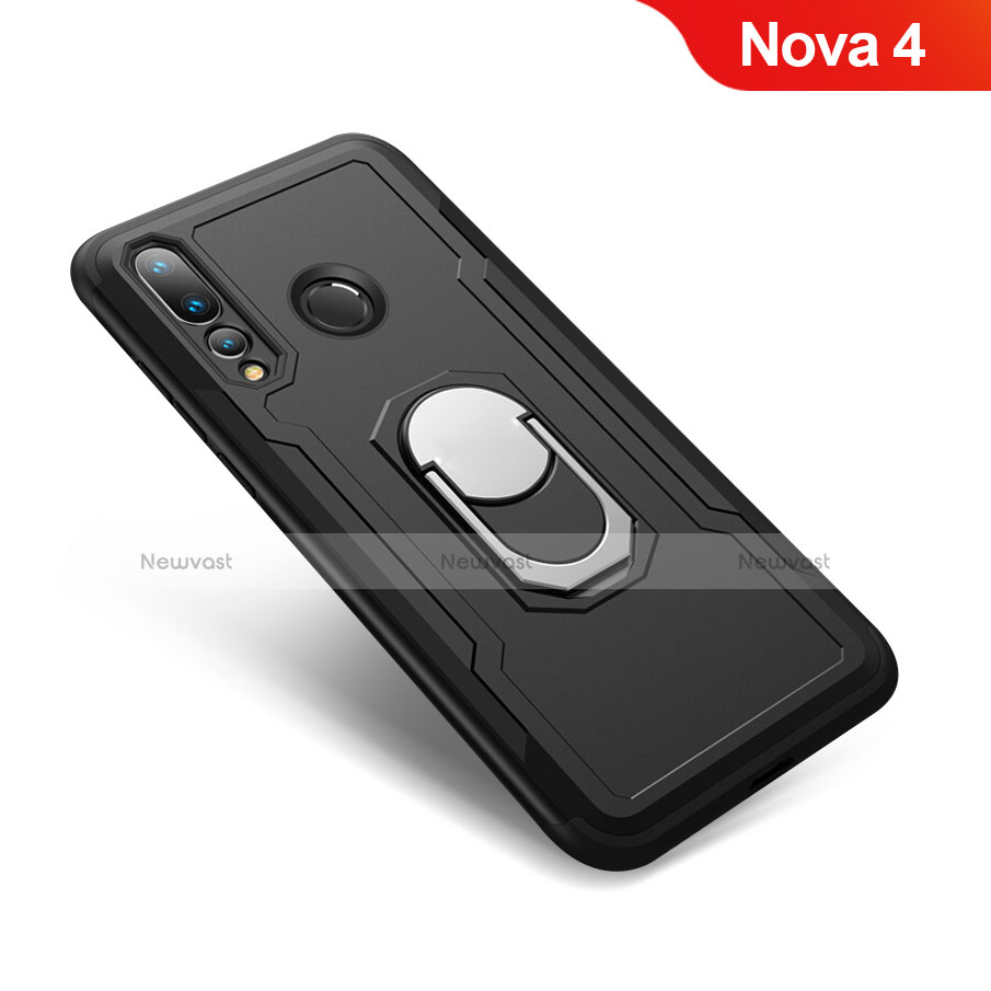 Silicone Matte Finish and Plastic Back Cover Case with Finger Ring Stand A01 for Huawei Nova 4 Black