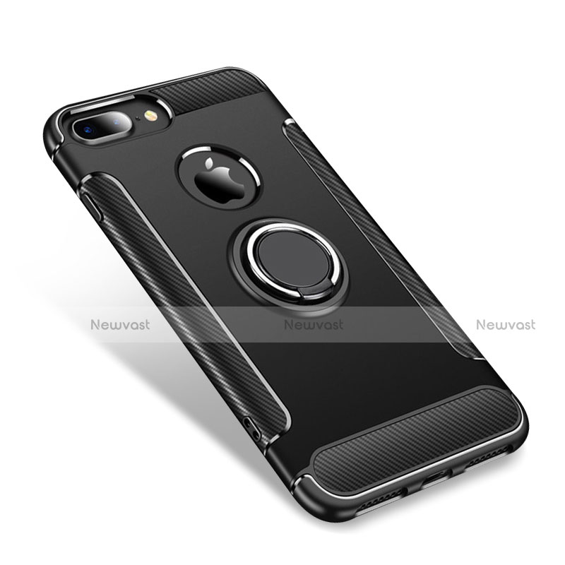 Silicone Matte Finish and Plastic Back Cover Case with Finger Ring Stand for Apple iPhone 8 Plus Black