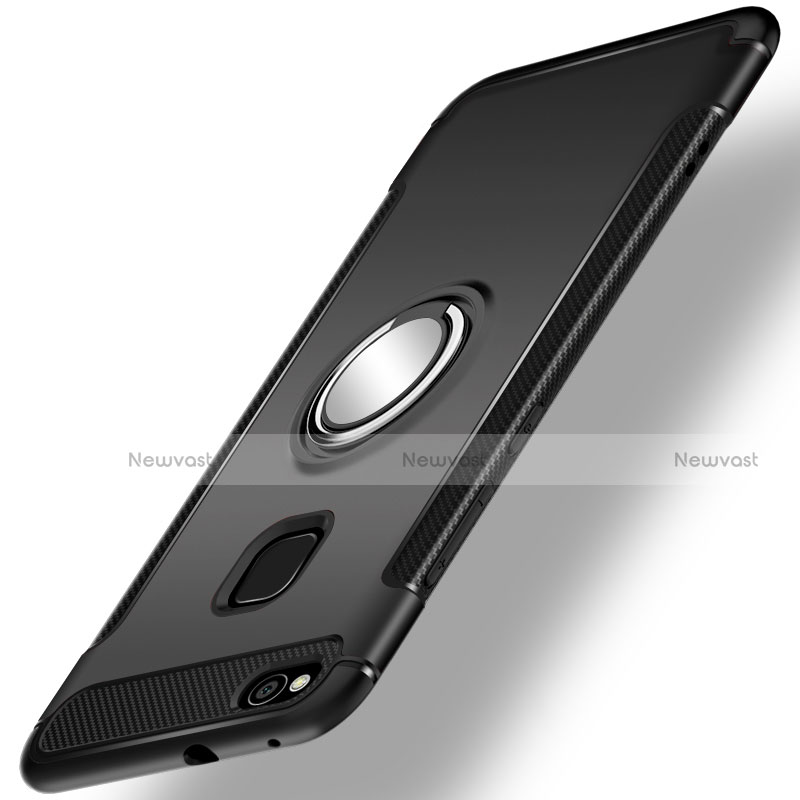 Silicone Matte Finish and Plastic Back Cover Case with Finger Ring Stand for Huawei GR3 (2017) Black