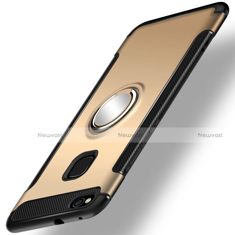 Silicone Matte Finish and Plastic Back Cover Case with Finger Ring Stand for Huawei GR3 (2017) Gold