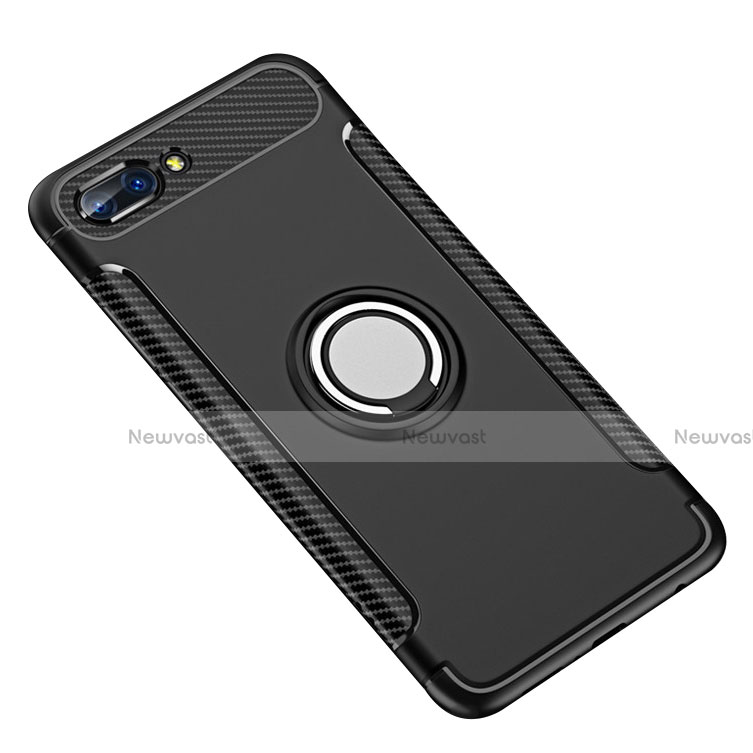 Silicone Matte Finish and Plastic Back Cover Case with Finger Ring Stand for Huawei Honor 10 Black