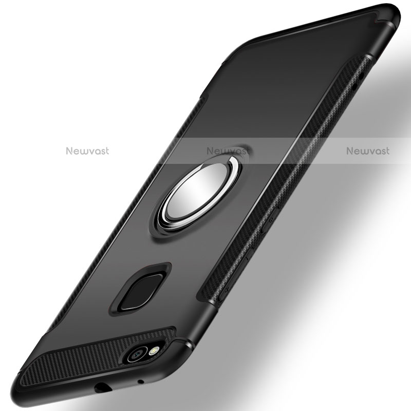 Silicone Matte Finish and Plastic Back Cover Case with Finger Ring Stand for Huawei Honor 8 Lite Black