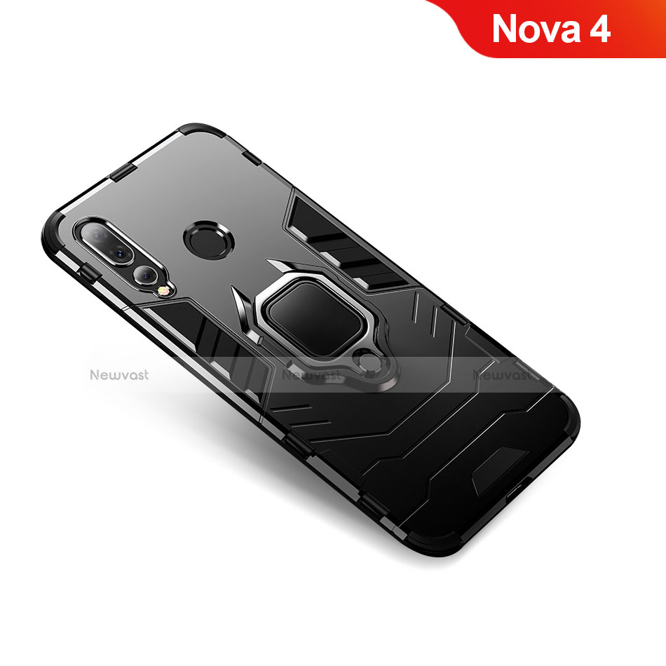 Silicone Matte Finish and Plastic Back Cover Case with Finger Ring Stand for Huawei Nova 4 Black