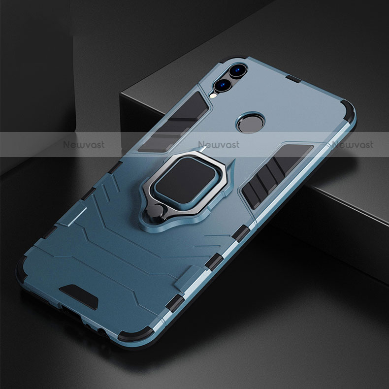 Silicone Matte Finish and Plastic Back Cover Case with Finger Ring Stand for Huawei P Smart (2019) Blue