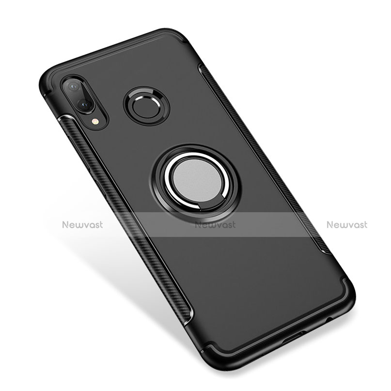 Silicone Matte Finish and Plastic Back Cover Case with Finger Ring Stand for Huawei P Smart+ Plus Black