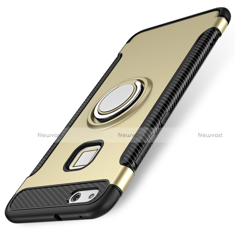 Silicone Matte Finish and Plastic Back Cover Case with Finger Ring Stand for Huawei P10 Lite Gold