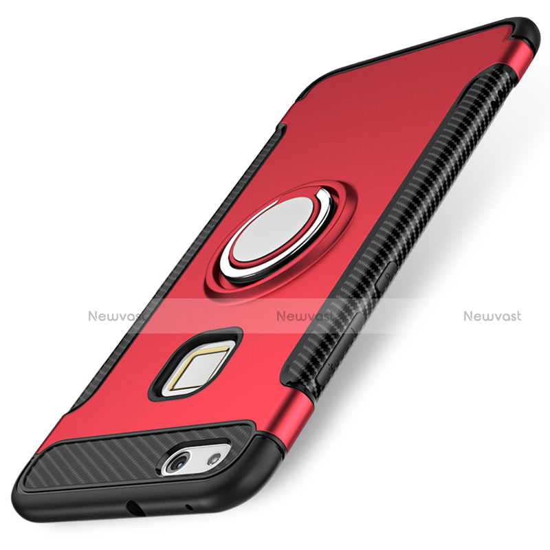 Silicone Matte Finish and Plastic Back Cover Case with Finger Ring Stand for Huawei P10 Lite Red