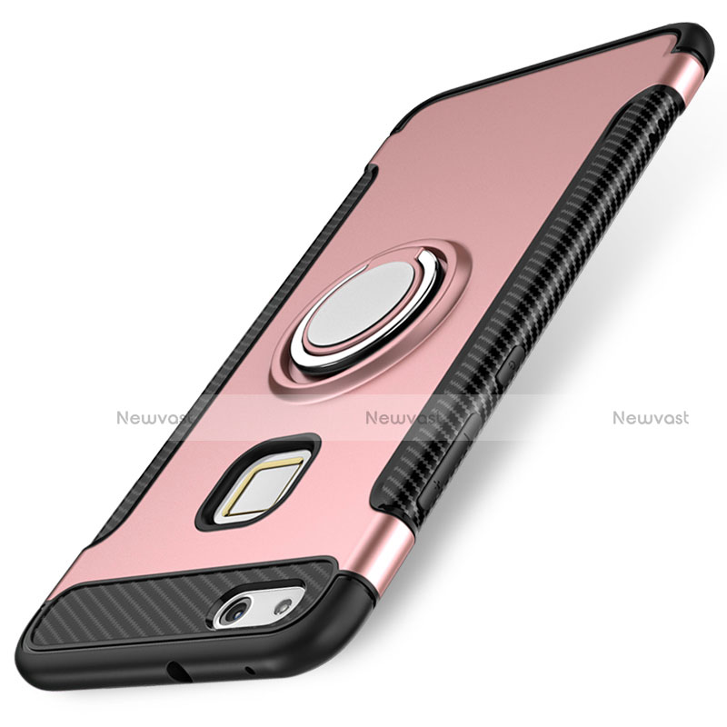Silicone Matte Finish and Plastic Back Cover Case with Finger Ring Stand for Huawei P10 Lite Rose Gold