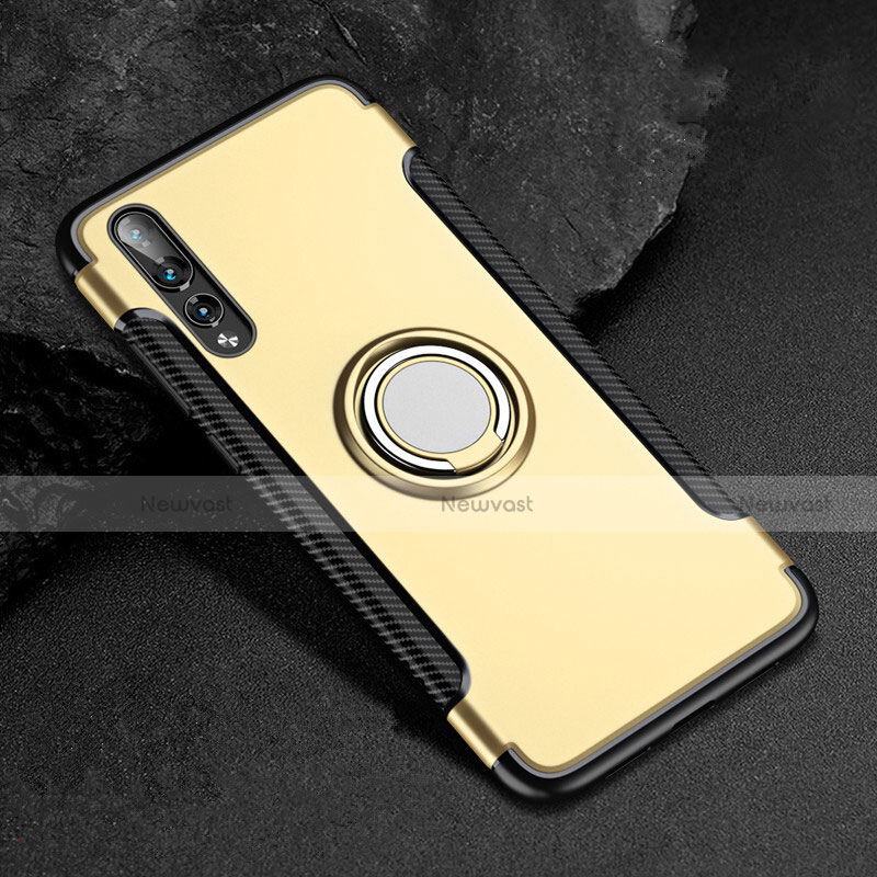 Silicone Matte Finish and Plastic Back Cover Case with Finger Ring Stand for Huawei P20 Pro Gold