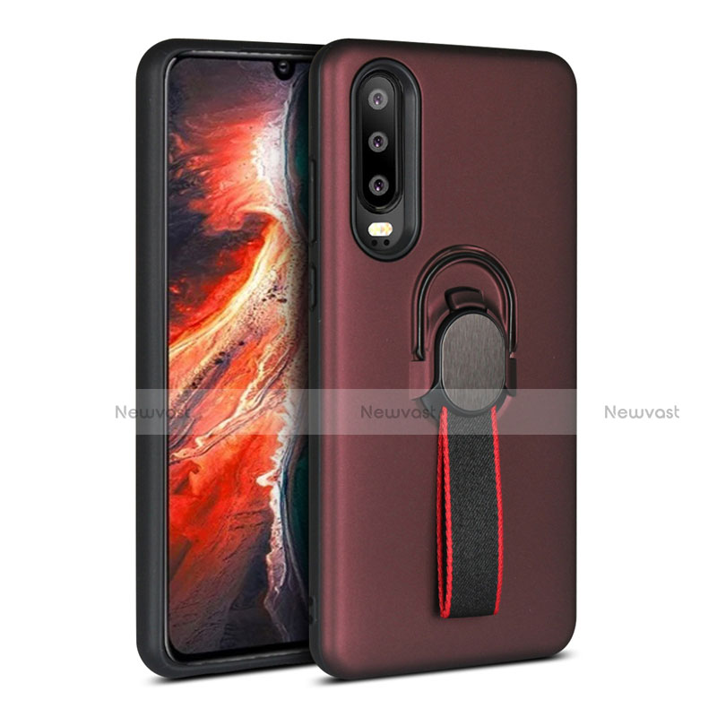 Silicone Matte Finish and Plastic Back Cover Case with Finger Ring Stand for Huawei P30 Brown