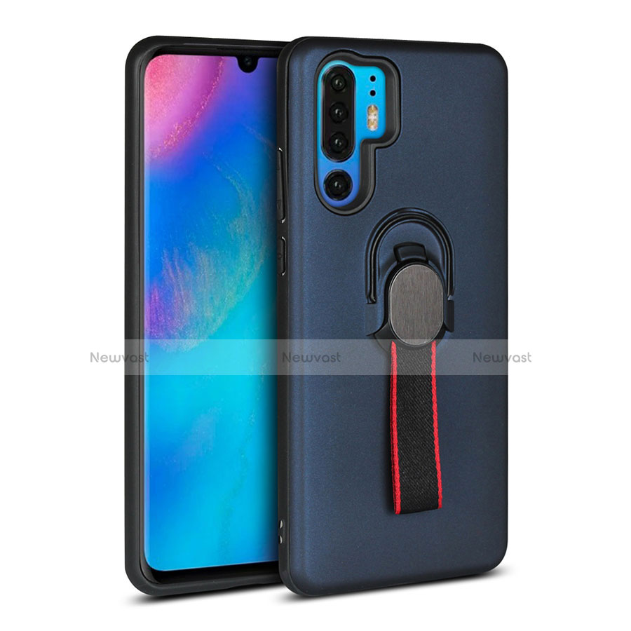 Silicone Matte Finish and Plastic Back Cover Case with Finger Ring Stand for Huawei P30 Pro Blue