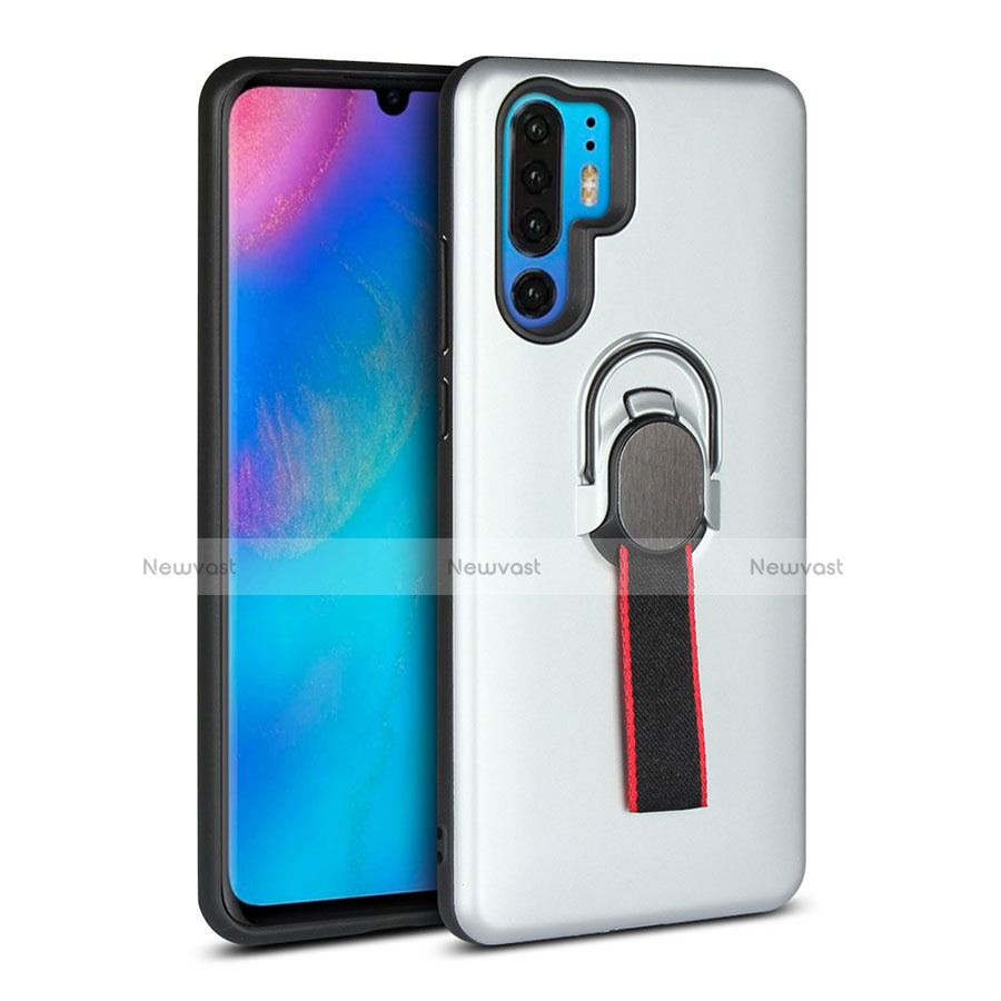 Silicone Matte Finish and Plastic Back Cover Case with Finger Ring Stand for Huawei P30 Pro New Edition Silver