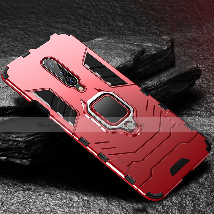 Silicone Matte Finish and Plastic Back Cover Case with Finger Ring Stand for OnePlus 7 Pro Red