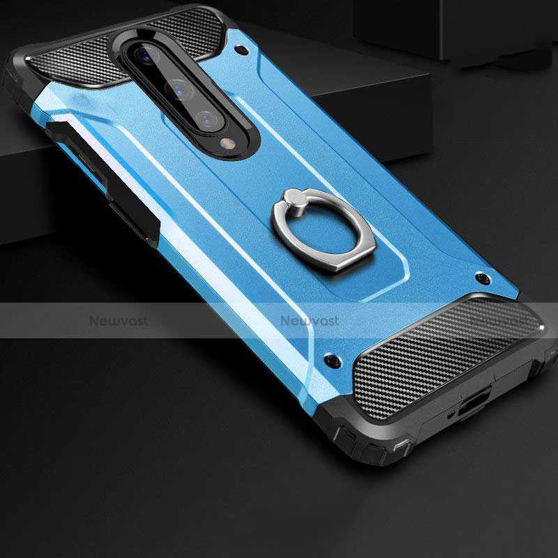 Silicone Matte Finish and Plastic Back Cover Case with Finger Ring Stand for OnePlus 8 Blue