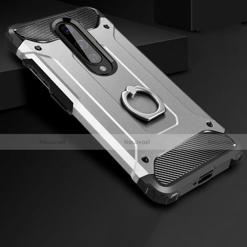 Silicone Matte Finish and Plastic Back Cover Case with Finger Ring Stand for OnePlus 8 Silver