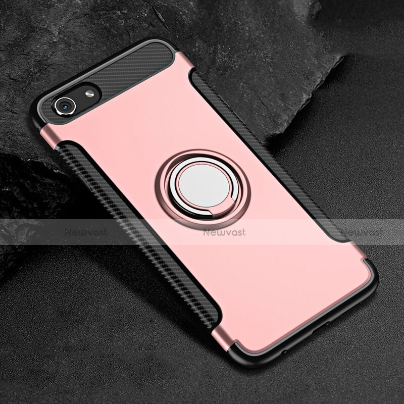 Silicone Matte Finish and Plastic Back Cover Case with Finger Ring Stand for Oppo A3 Rose Gold