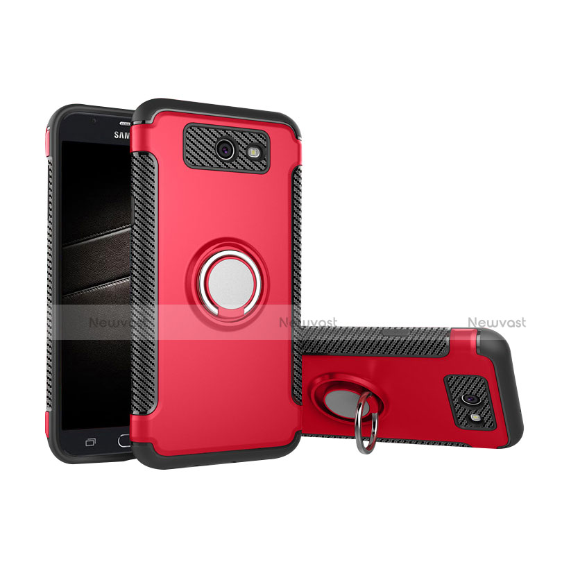 Silicone Matte Finish and Plastic Back Cover Case with Finger Ring Stand for Samsung Galaxy J5 (2017) Version Americaine Red