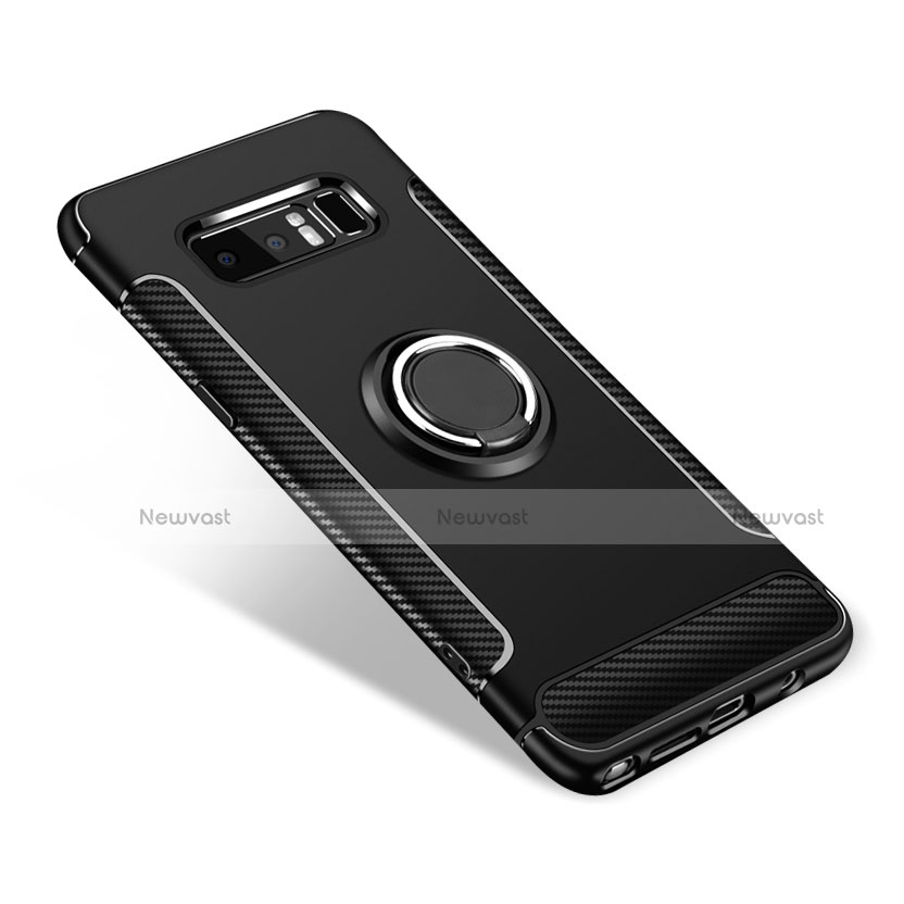 Silicone Matte Finish and Plastic Back Cover Case with Finger Ring Stand for Samsung Galaxy Note 8 Black