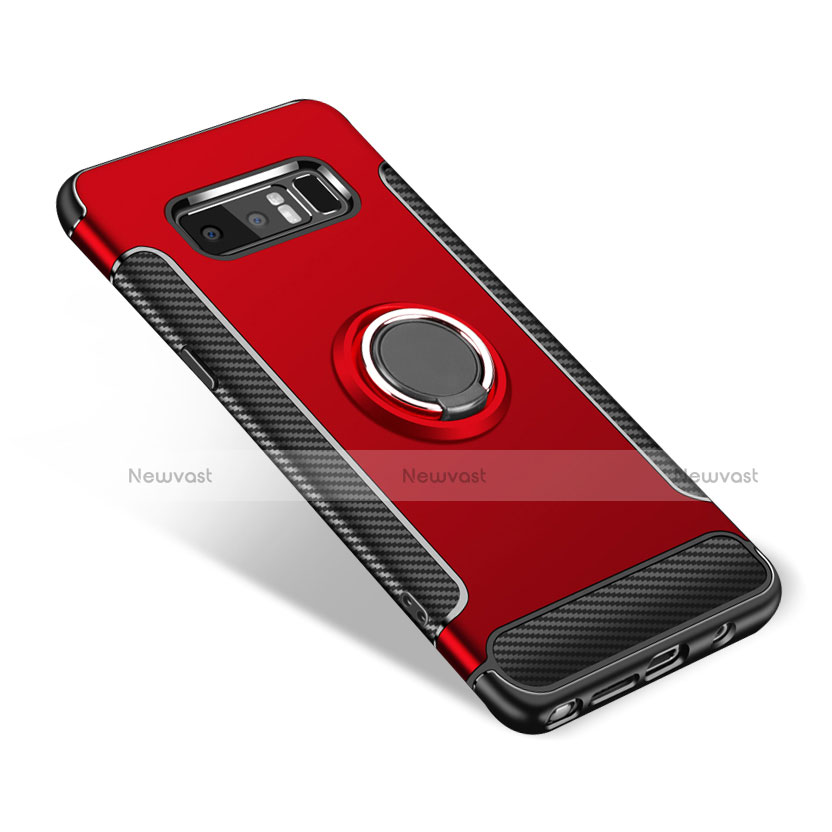 Silicone Matte Finish and Plastic Back Cover Case with Finger Ring Stand for Samsung Galaxy Note 8 Red