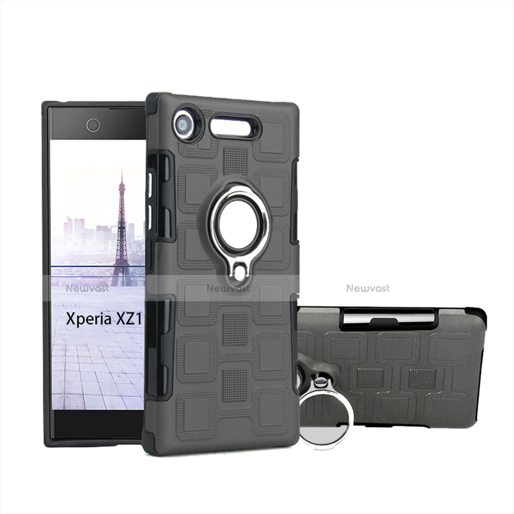 Silicone Matte Finish and Plastic Back Cover Case with Finger Ring Stand for Sony Xperia XZ1 Compact Gray