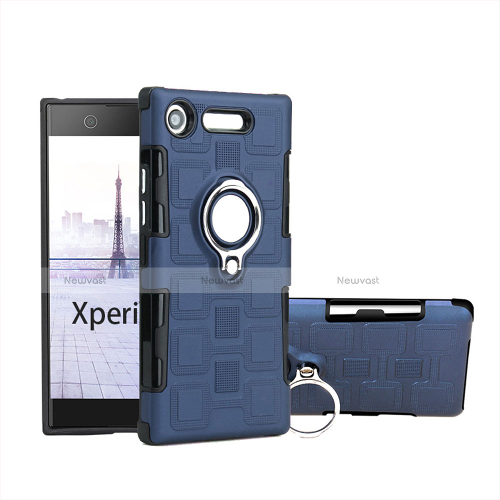 Silicone Matte Finish and Plastic Back Cover Case with Finger Ring Stand for Sony Xperia XZ1 Compact Sky Blue