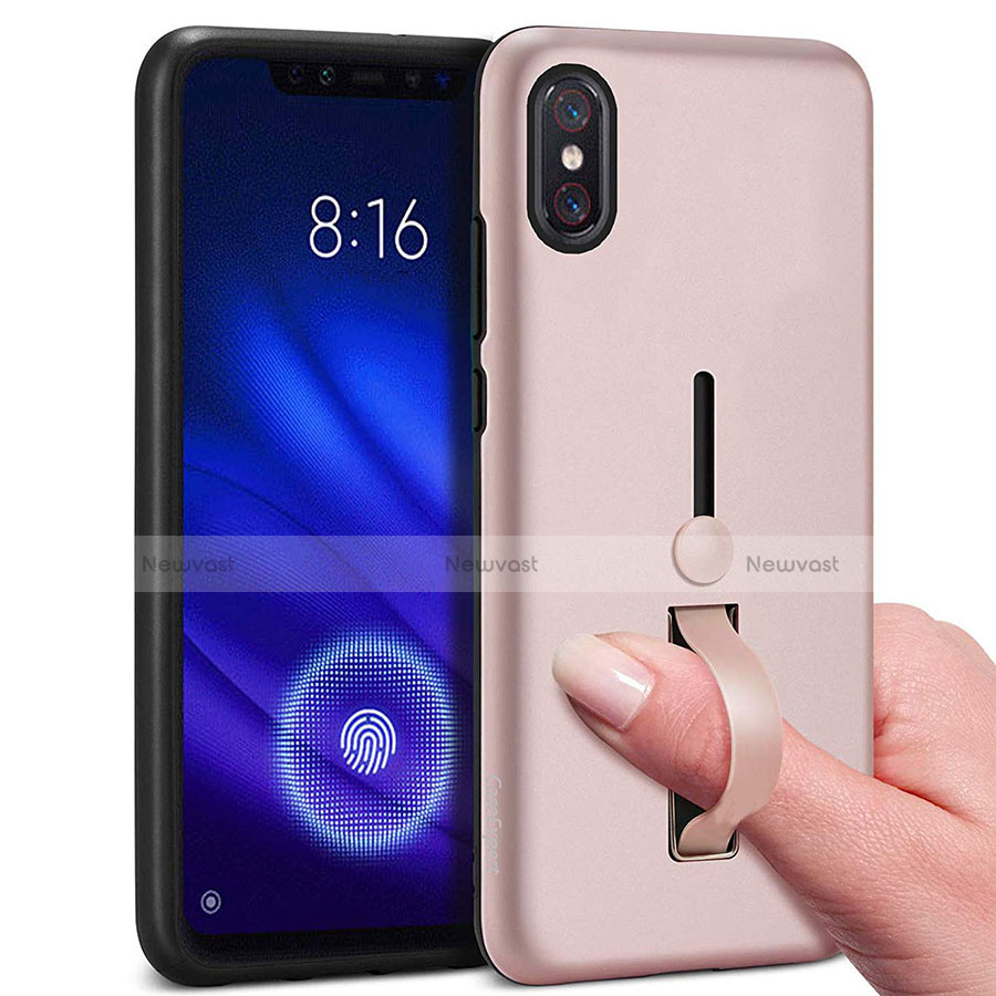 Silicone Matte Finish and Plastic Back Cover Case with Finger Ring Stand for Xiaomi Mi 8 Pro Global Version