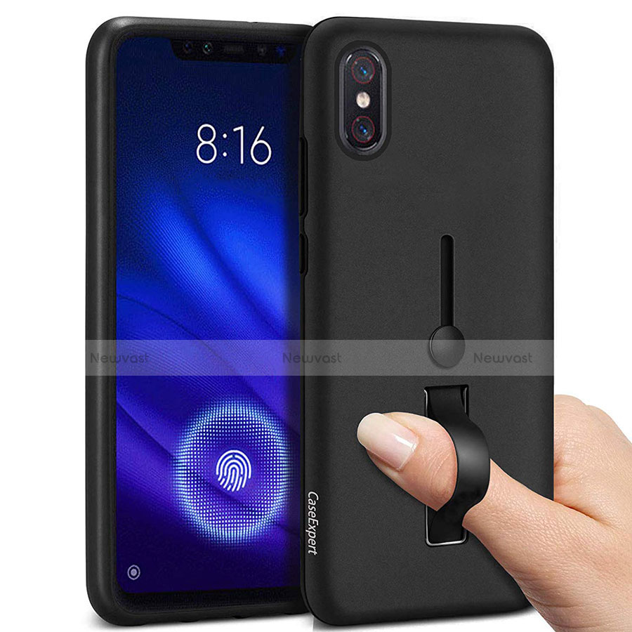 Silicone Matte Finish and Plastic Back Cover Case with Finger Ring Stand for Xiaomi Mi 8 Pro Global Version Black