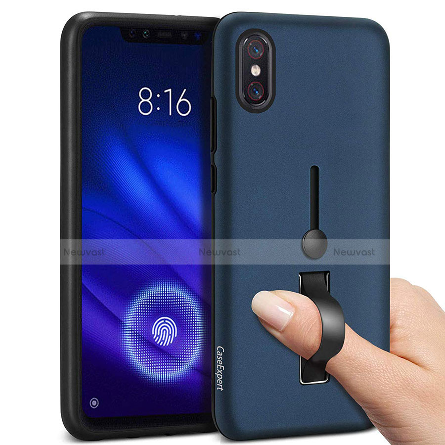 Silicone Matte Finish and Plastic Back Cover Case with Finger Ring Stand for Xiaomi Mi 8 Pro Global Version Blue