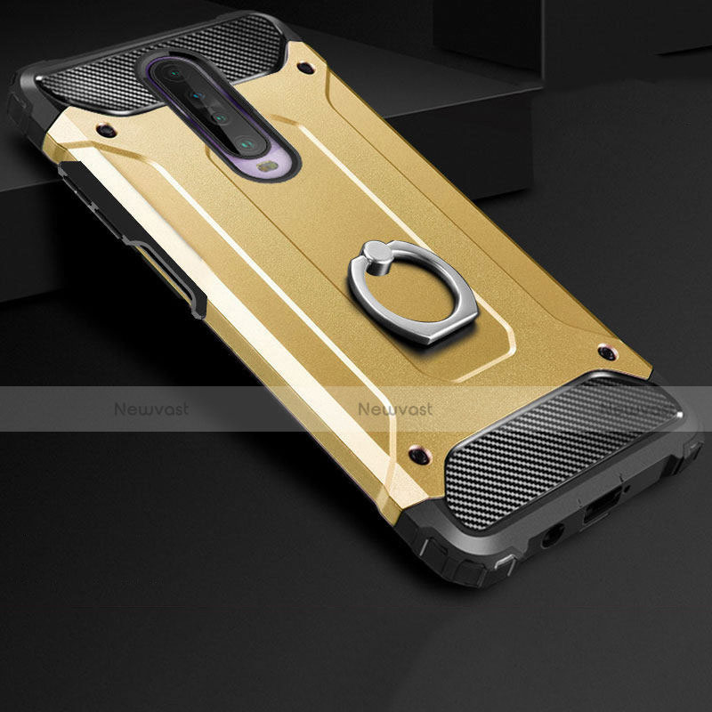 Silicone Matte Finish and Plastic Back Cover Case with Finger Ring Stand for Xiaomi Redmi K30 5G Gold