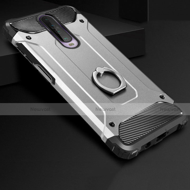 Silicone Matte Finish and Plastic Back Cover Case with Finger Ring Stand for Xiaomi Redmi K30 5G Silver