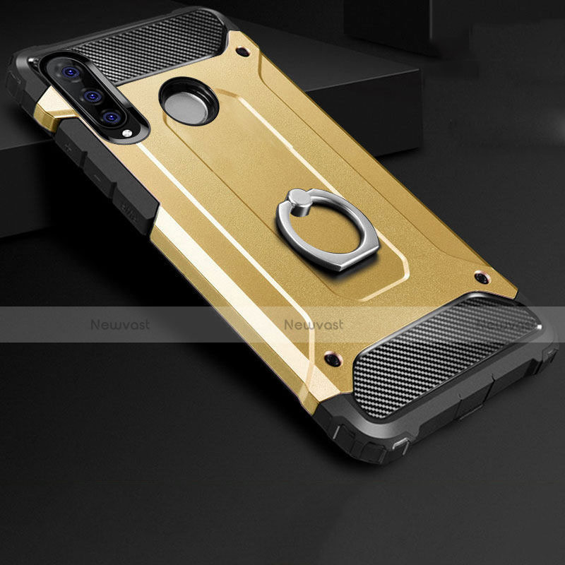 Silicone Matte Finish and Plastic Back Cover Case with Finger Ring Stand H01 for Huawei P30 Lite Gold