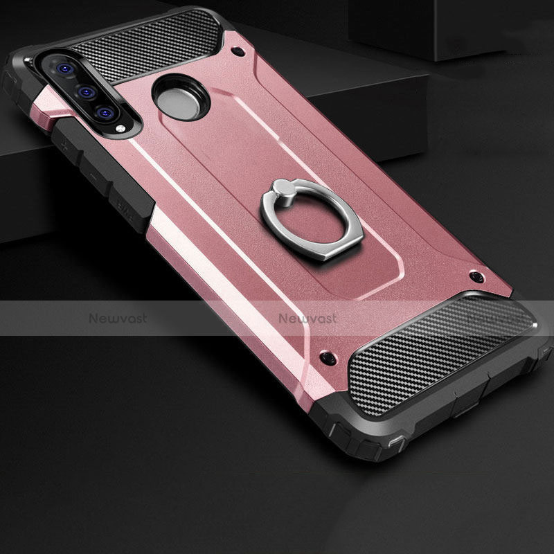 Silicone Matte Finish and Plastic Back Cover Case with Finger Ring Stand H01 for Huawei P30 Lite Rose Gold