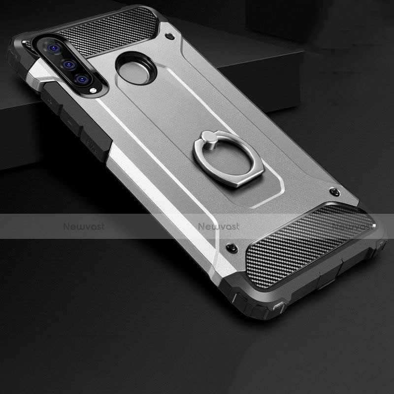 Silicone Matte Finish and Plastic Back Cover Case with Finger Ring Stand H01 for Huawei P30 Lite Silver
